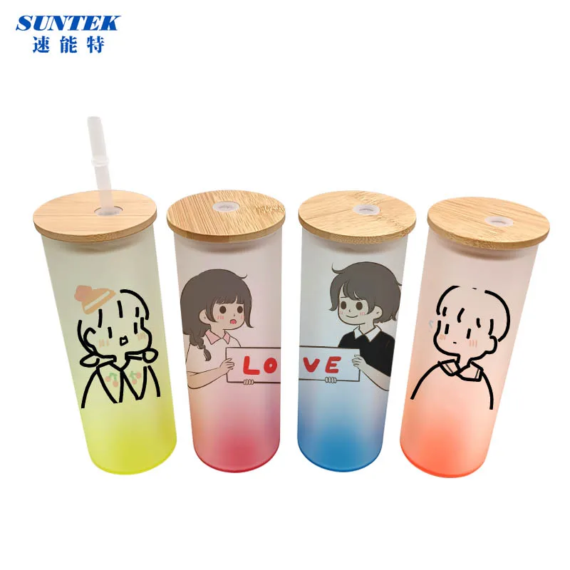 Craft Express 6 Pack 18oz Frosted Glass Can-Shaped Mugs with Bamboo Lids  and Clear Glass Straws for Sublimation Printing