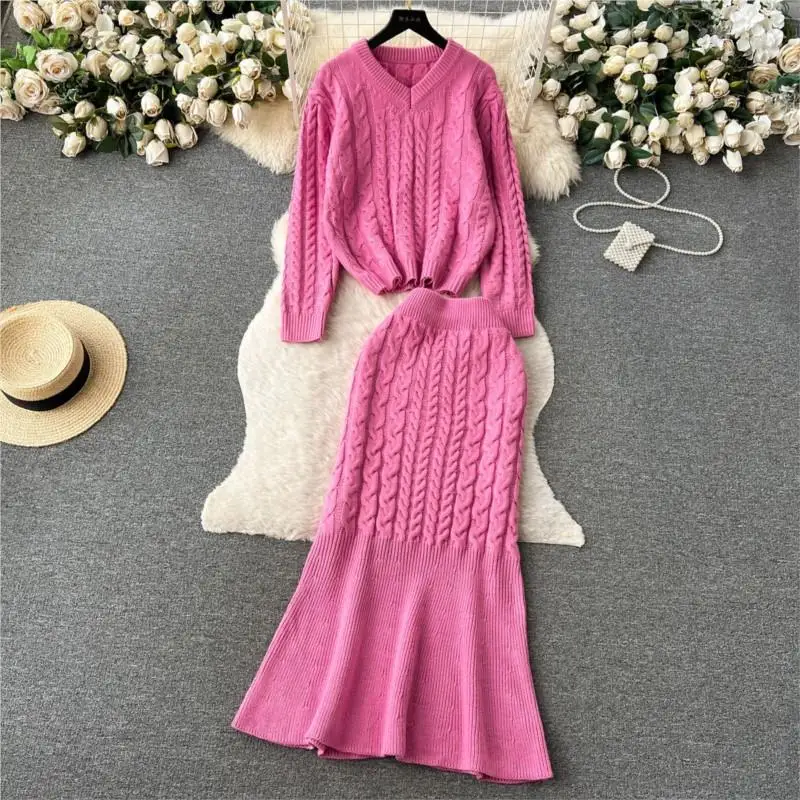 

Casual Long Sleeve Sweater+two-piece Long Fishtail Skirt Sets Fashion Wnter Autumn Knitwear Top Trouser Women Outfits 2023 New