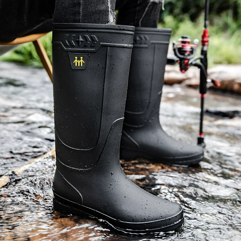 Bottes pluie travail homme hautes imperméables - Chaussures pêche antidérapantes caoutchouc chaudes montantes