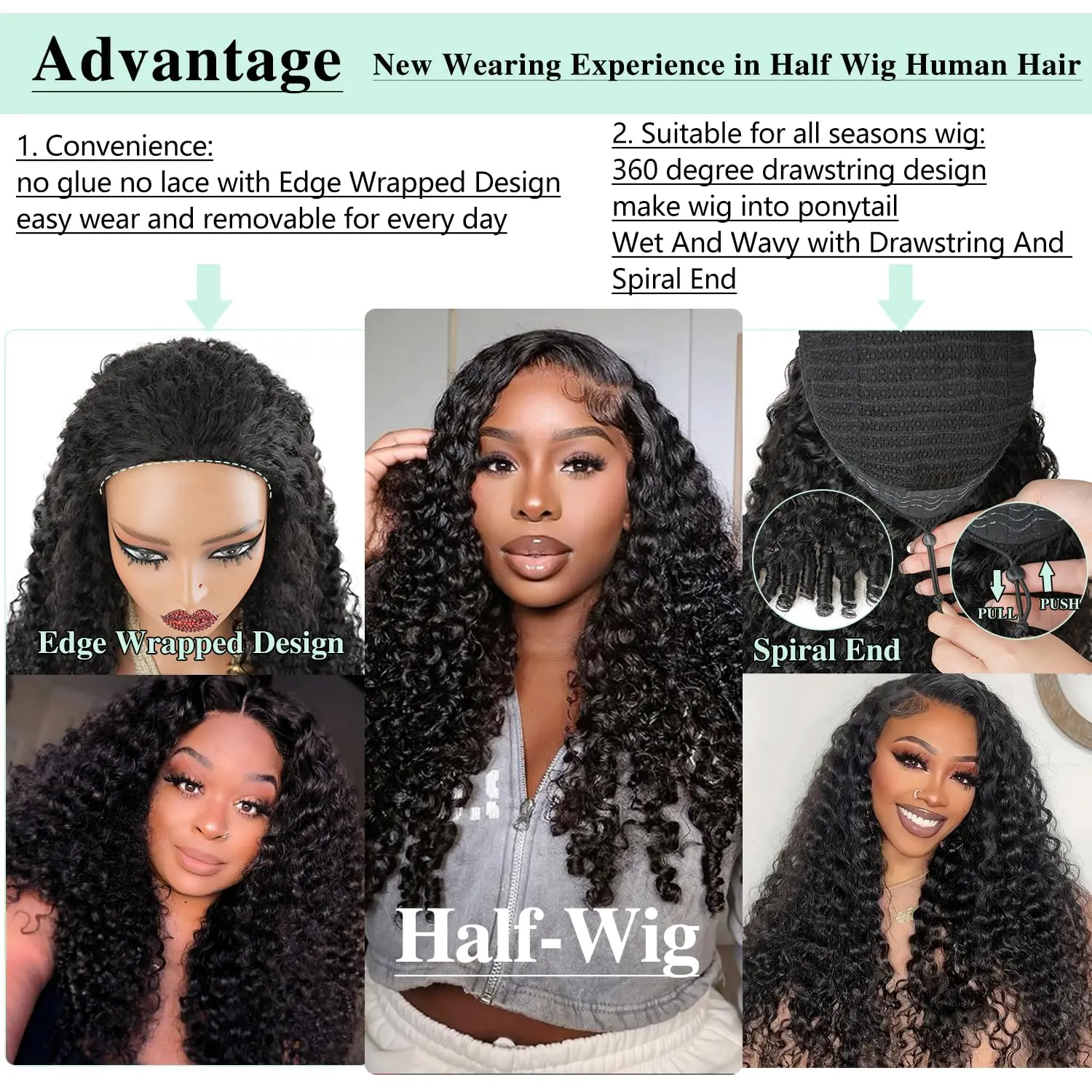 Burmese Curly Half Wig Human Hair Glueless Wig Human Hair Ready to Wear 3 IN 1 Half Wig Drawstring Burmese Glueless Wig
