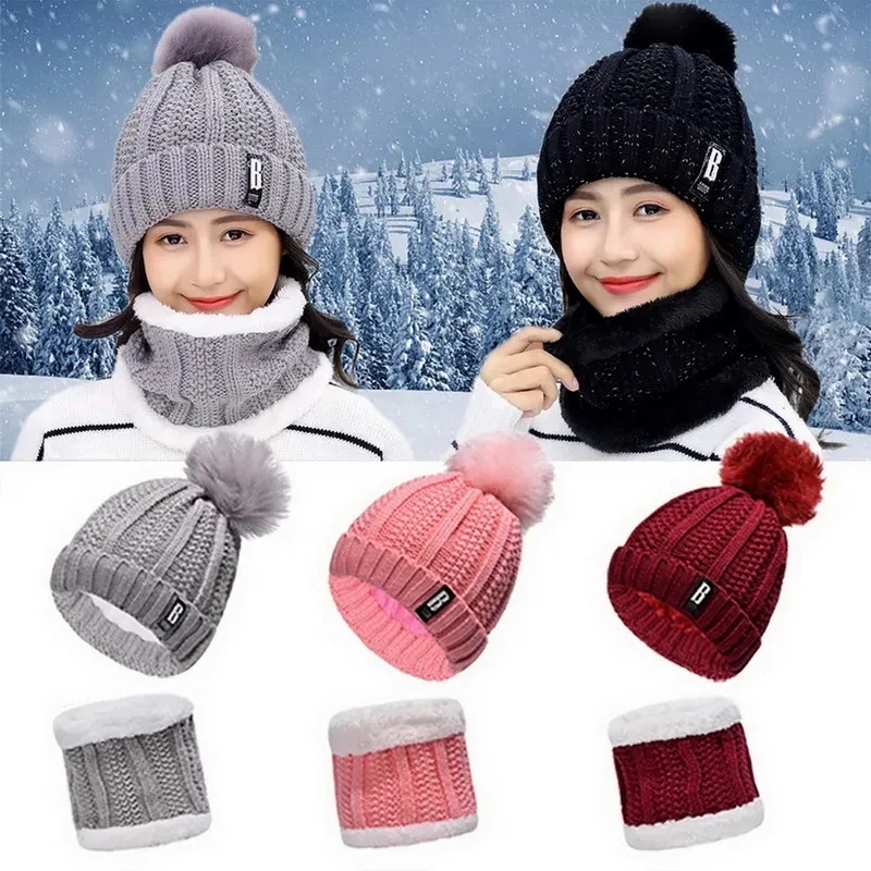 Winter Knitted Scarf Hat Set Thick Warm Skullies Beanies Hats For Women Outdoor Cycling Riding Ski Bonnet Caps Scarf