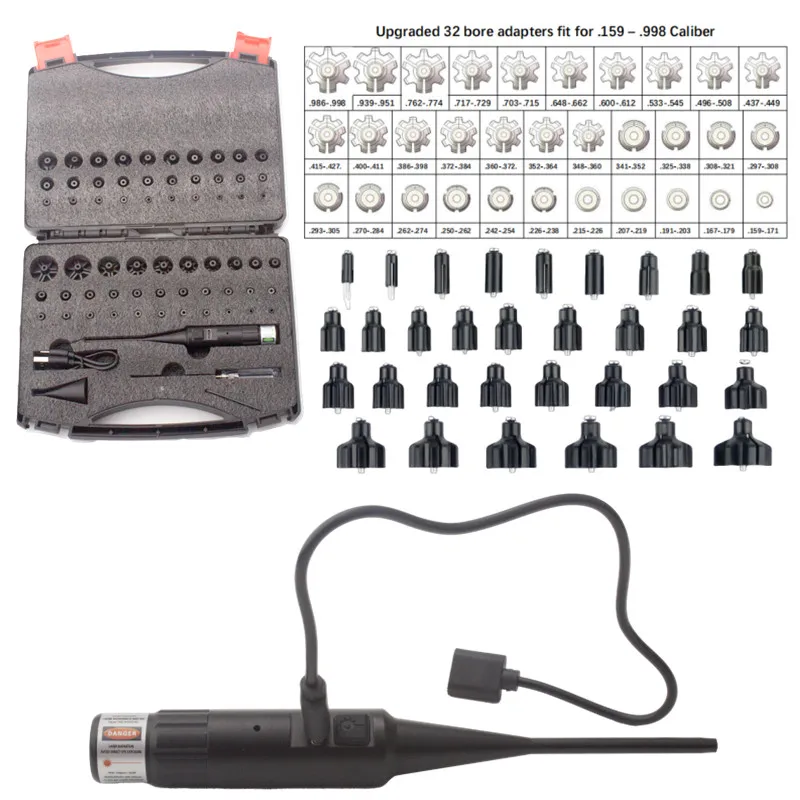 Rechargeable Laser Bore Sight Kit with Button Switch Red/Green Sighter with 32 Adapters for .17 .177 .22 to 12GA Calibers