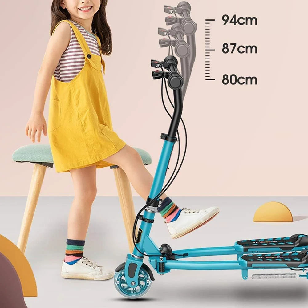 Foldable Kids Swing Scooter, 3 Flash Wheels, Wobble Scooter Tri Slider Kick Speeder Push Scooter with Adjustable Handle