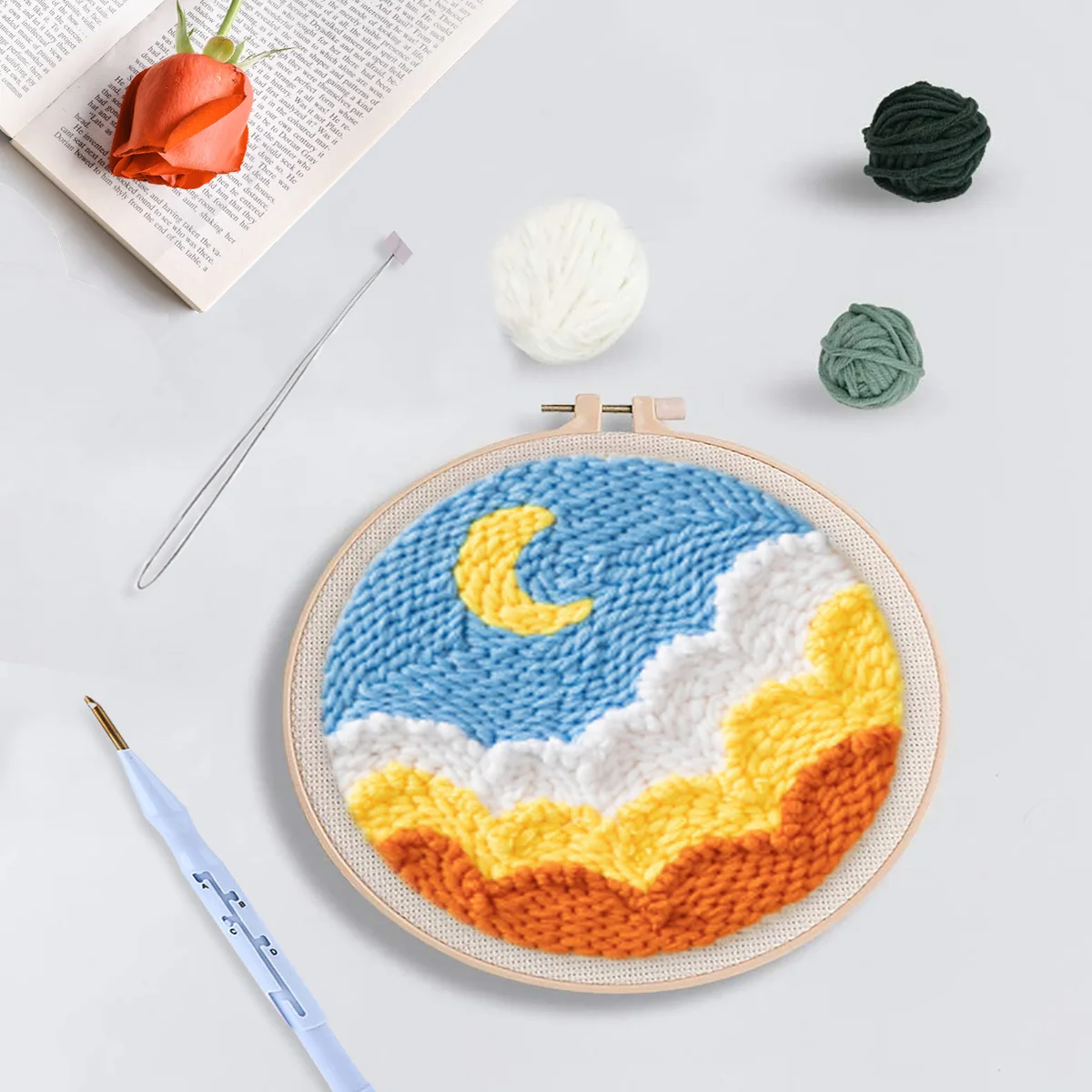 RUOPOTY Moon Pattern Punch Needle Embroidery Kits DIY Craft Punch Needle Embroidery Kits Rug For Starter With Stamped