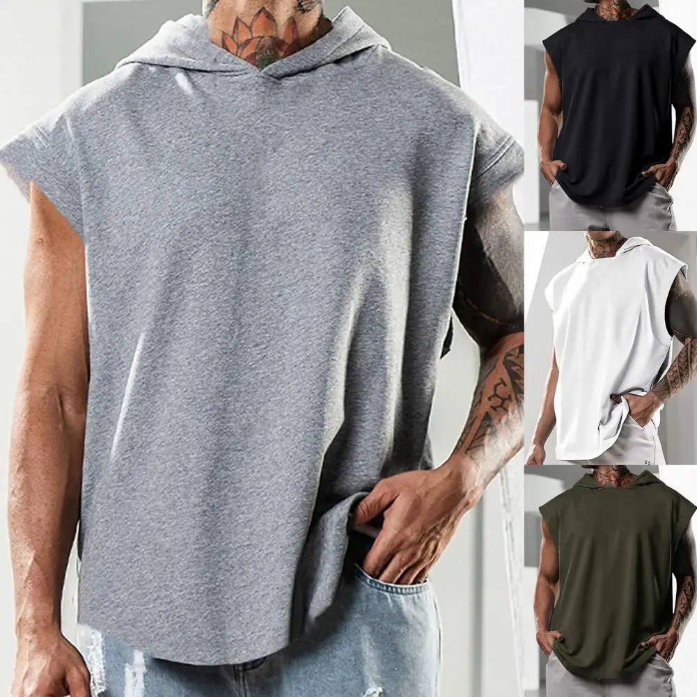 Men Hooded Tank Top Summer Hooded Tank Top Solid Color Sleeveless Loose Comfortable Men Top For Gym