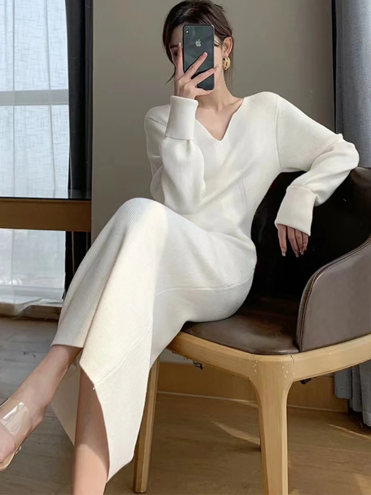 

Women's Sweater Dress Autumn Winter Leisure Commuter Sexy Style V-neck Sweater Long Knitted Dress Pullover Women's Clothing