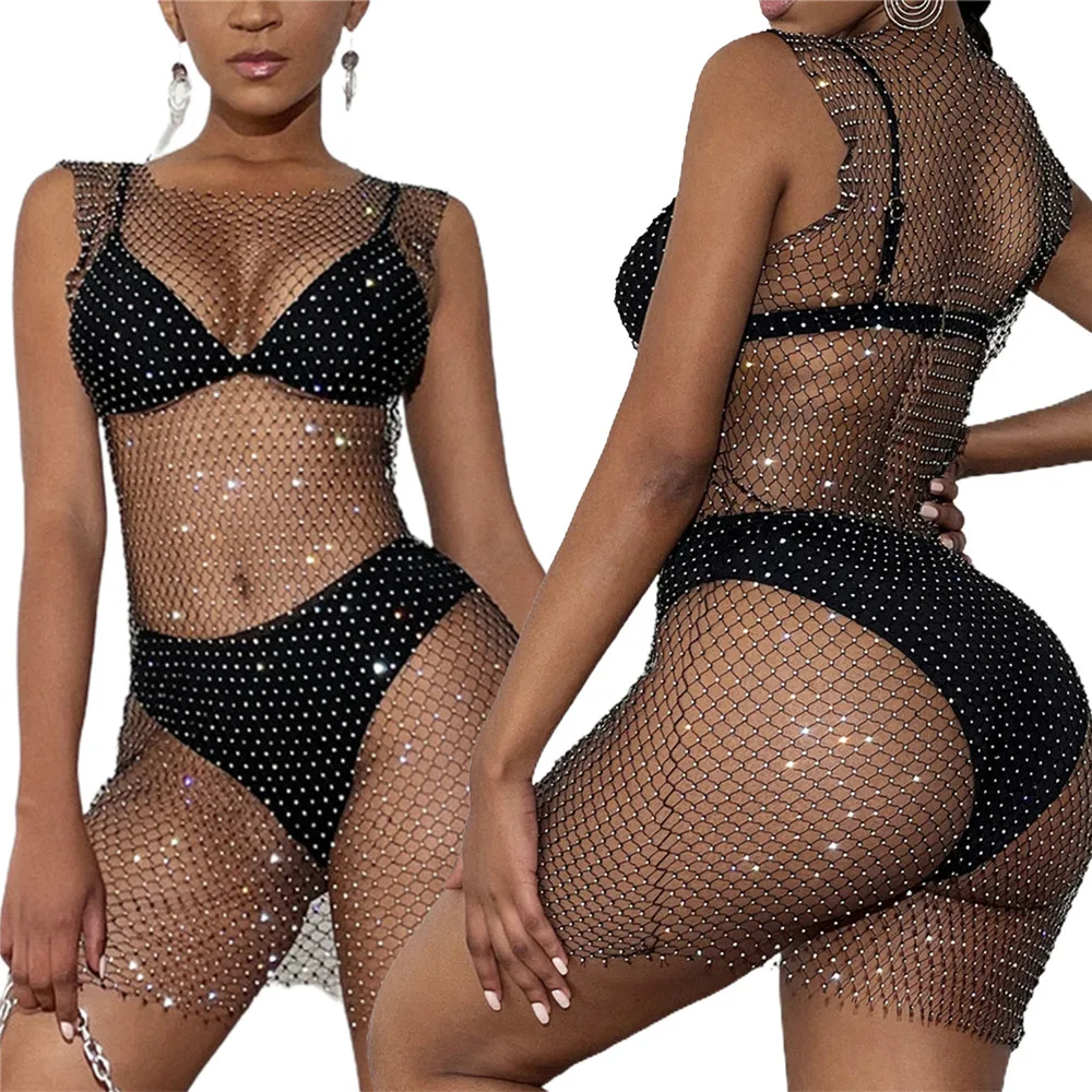 

Women Shiny Rhinestone Mesh Fishnet Cover-Ups Dress Sexy Sleeveless Sundress Woman Summer Beach Kaftan Swimwears Beachwear 2022