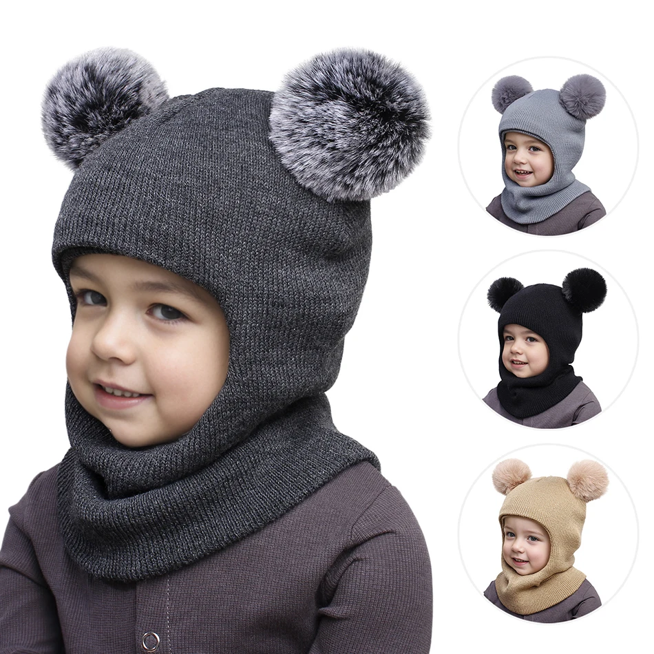 AYPOW Wintermuts voor baby's en kinderen van 1 tot 6 jaar, multifunctionele thermische winddichte gebreide muts voor meisjes jongens peuters fleece voering om aan te trekken, outdoor, Beige, Eén maat