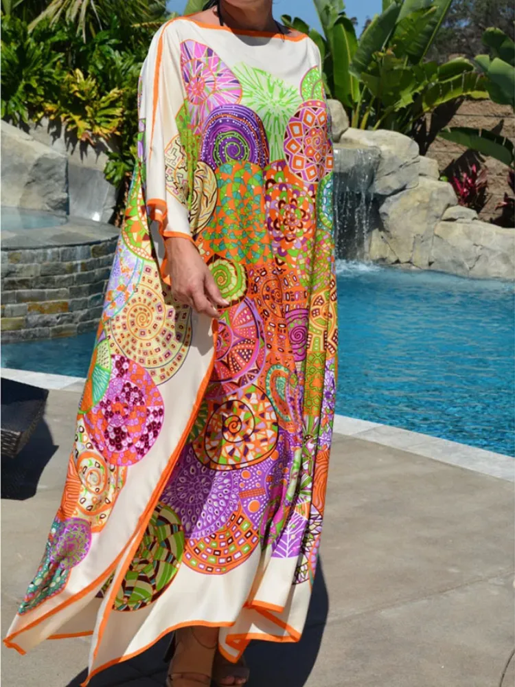Bohemian Beach Dresses Maxi Tunic Floral Printed Kaftans for Women Summer Seaside Holiday Beachwear Bathing Suits