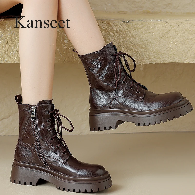 

Kanseet High Quality Genuine Leather Platform Women Short Boots Autumn Winter Shoes Fashion Pleated Brown Mid Heels Ankle Boots