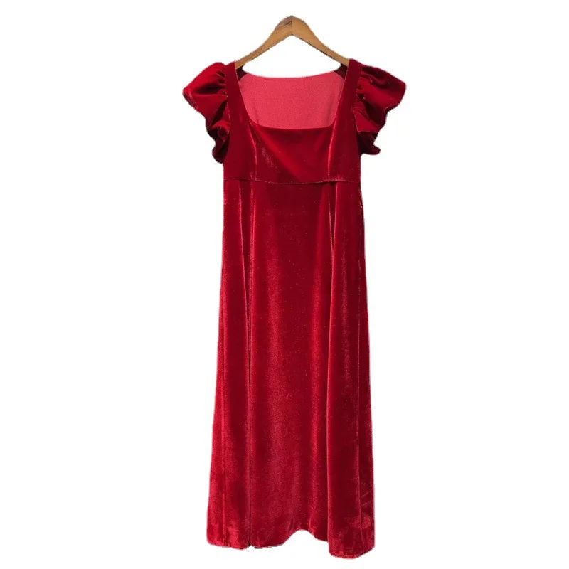 

High Quality New 2023 Spring Dress Women Sexy Square Collar Pleated Sleeve Mid-Calf Length Wine Red Black Soft Velvet Dress