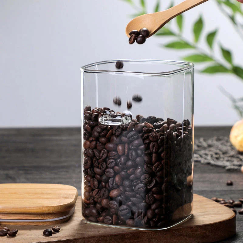 800-1200ml Square Glass Coffee Sealed Storage Jar Wooden Spoon Coffee Bean Cans Household Milk Powder Tea Sugar Storage Can 4