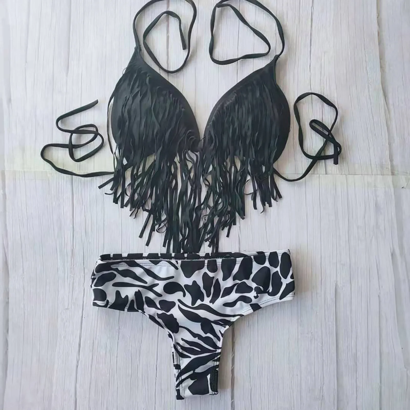 Female Swimwear Sexy Bathing Suit Tassel Print Bikini Push-Up Swimwear Summer Bathing Beachwear Set For Woman купальник женский