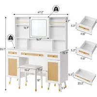 Rattan Makeup Vanity Desk with Mirror and Lights with 3 Drawers & Shelves, with 2 Rattan Door Cabinets, 47'' Modern Vanity Table 2