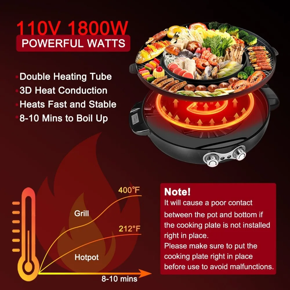 Electric Smokeless Grill and Hot Pot, With Separable Cooking Plate, Deluxe Combo of 1 Recipe Book, 1 Tong, Oil Brush