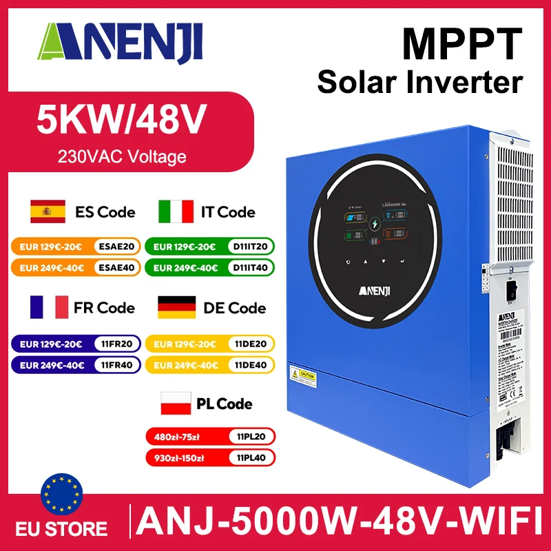 Anenji 5kW 48V Hybrid Solar Inverter with WiFi, 100A MPPT, Dual Output ...
