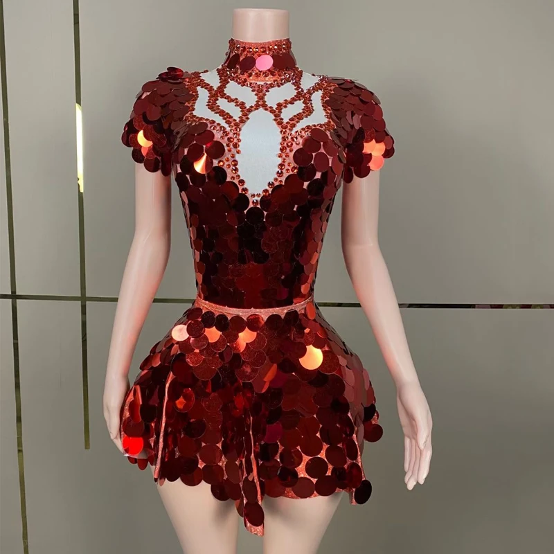 

New Red Shiny Sequins Rhinestones Dress Women Celebrate Evening Dresses Drag Queen Outfit Group Stage Jazz Gogo Dancer Costume