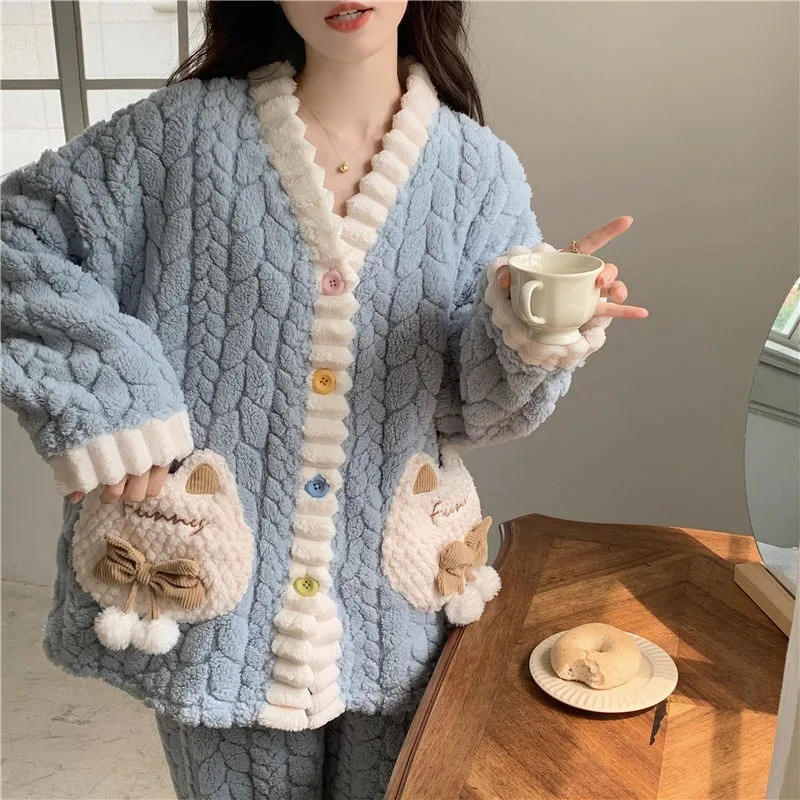 2024 New Coral Velvet Jacquard Pajama Women Autumn Winter Loungewear Thickened Flannel Velvet Sweet Princess Style Homewear Suit