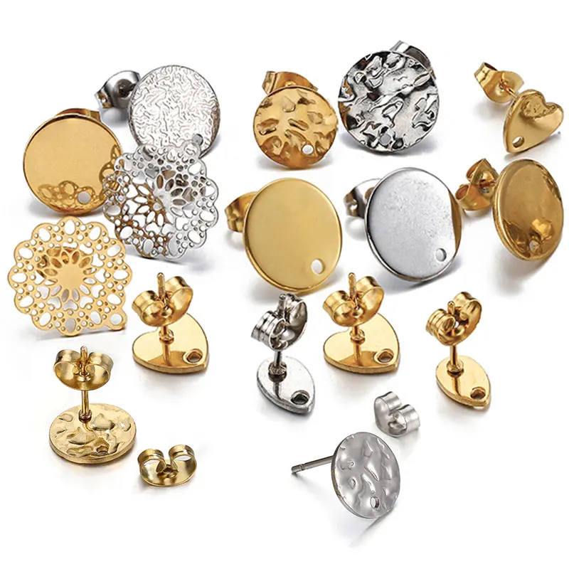 Gold Color Stainless Steel Blank Earring Studs Base Pins With Earring Plug Ear Back For DIY Jewelry Making Findings 10pcs/lot