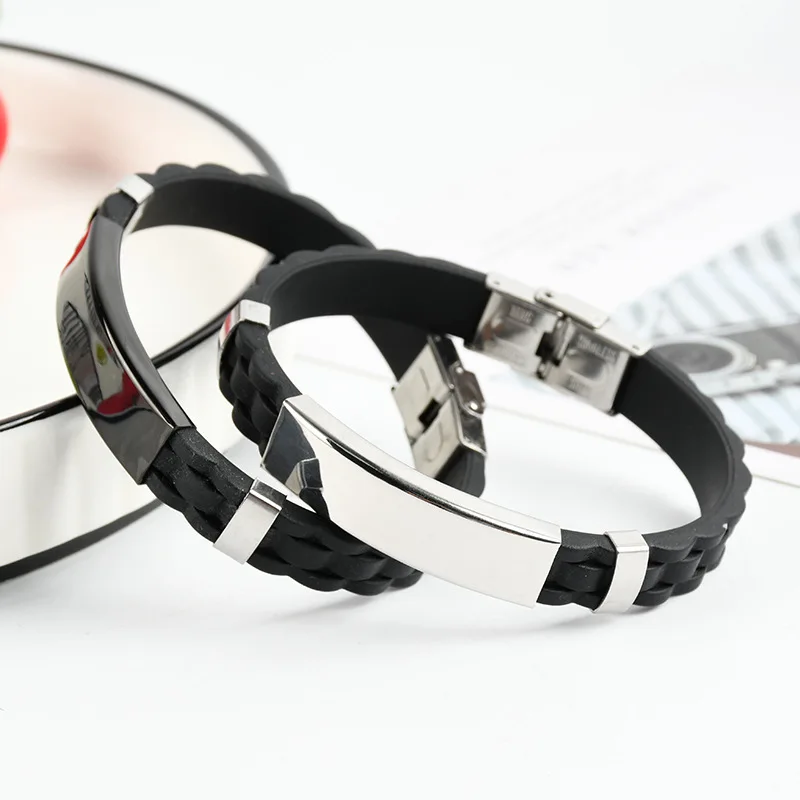 New Trendy Men Silicone Sports Weave Bracelet Leisure Color Contrast Stainless Steel Bangle Men's Party Birthday Gift