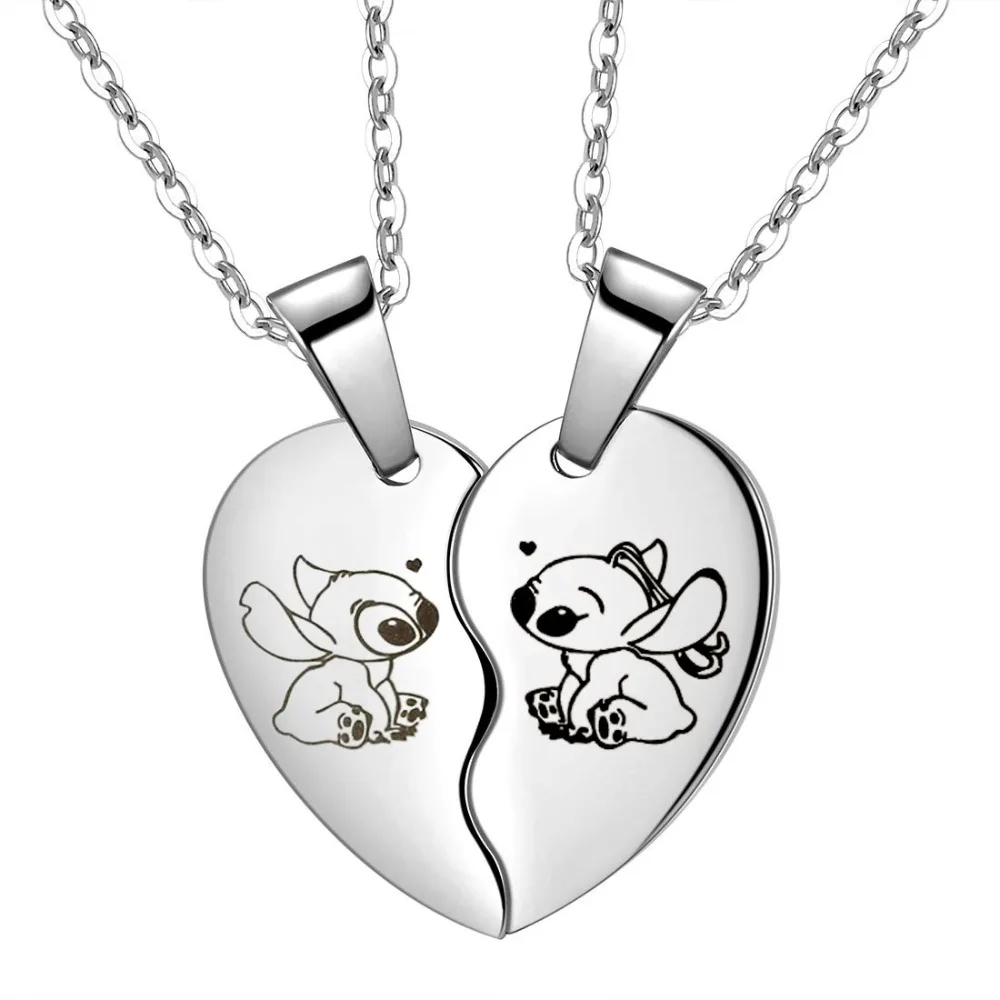 

Disney Anime Lilo & Stitch Necklace Stainless SteelStitching Cute Character Stitch Heart ShapePendant Necklace Couple Jewelry