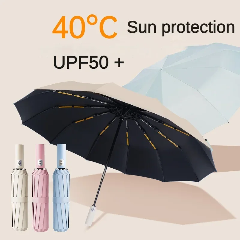 Reinforced Windproof Strong Full Automatic Umbrella Men Women, Folding 12 Double Bone Stormproof Sunproof UV Sun Shade Umbrellas