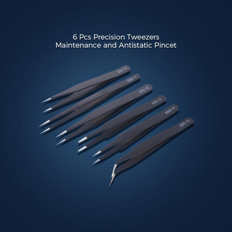 6 Pcs Precision Tweezers ESD Maintenance and Antistatic Pincet Stainless Steel Industrial Electronic Components Hand Tools precision tweezers tweezer tool esd anti static tweezers