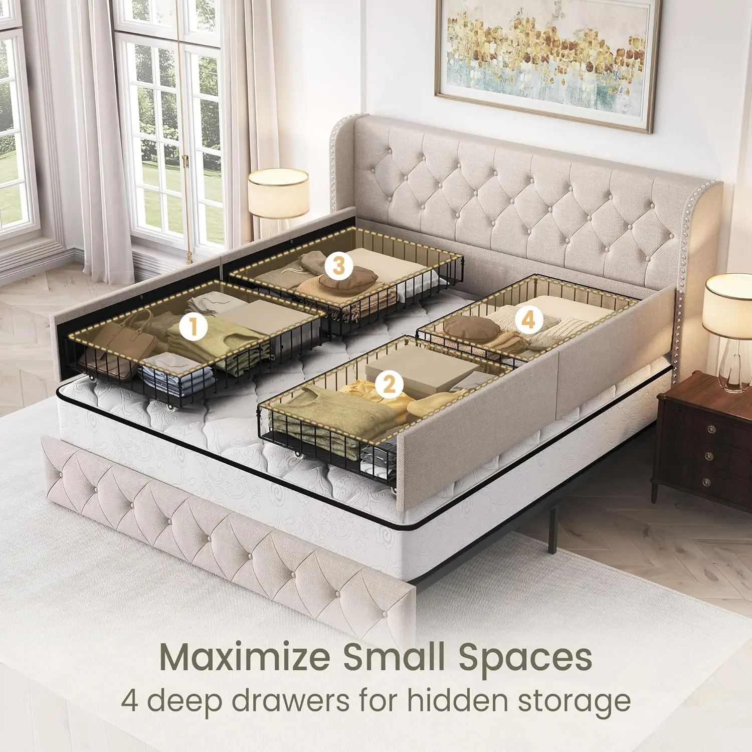 King Size Bed Frame with 4 Storage Drawers and Tufted Headboard Linen Upholstered Platform Bed Frame