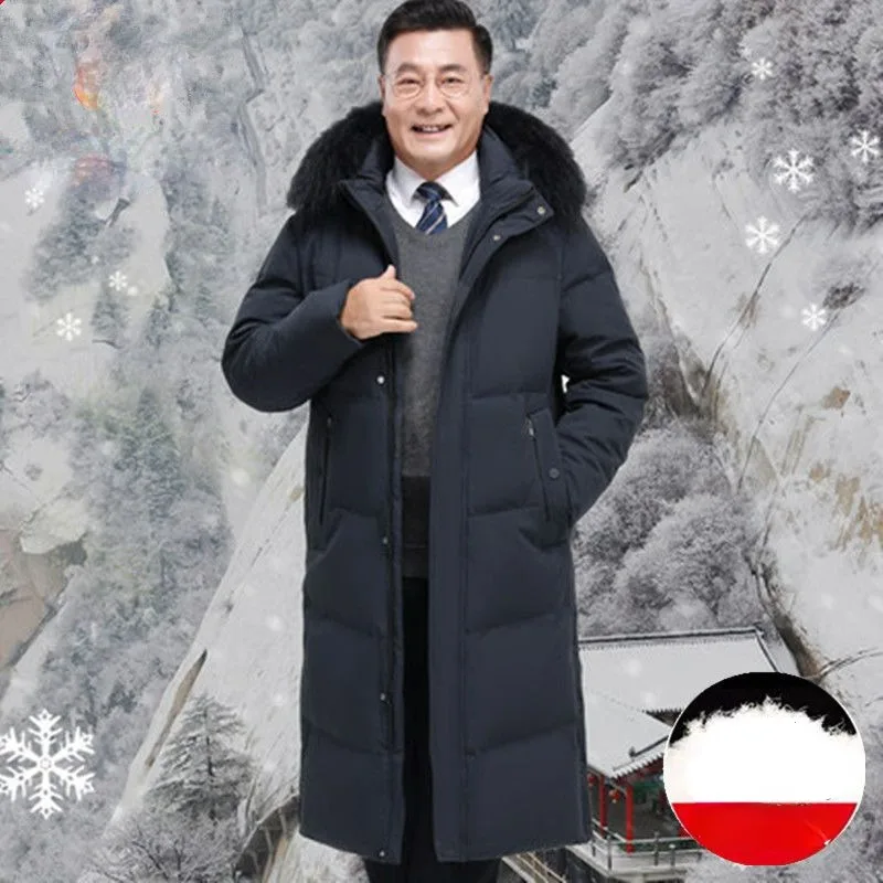 Winter Down Hooded Jacket 2023 New White Duck Down Men Winter Coat Over The Knee Thick Warm Men Jacket Artificial Fur Collar