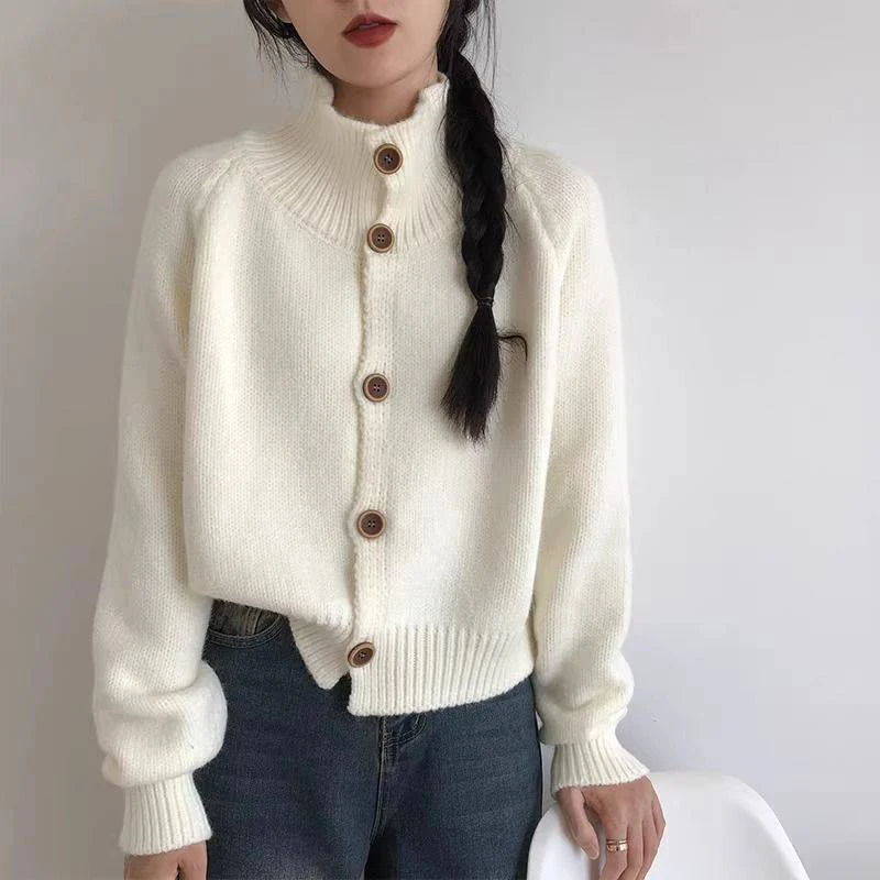 thumbnail image 1 of Cárdigan gris de cuello alto Rimocy para mujer, suéter de punto de manga larga estilo coreano para mujer, suéter de punto con botones de color liso Harajuku para mujer, 1 of 5