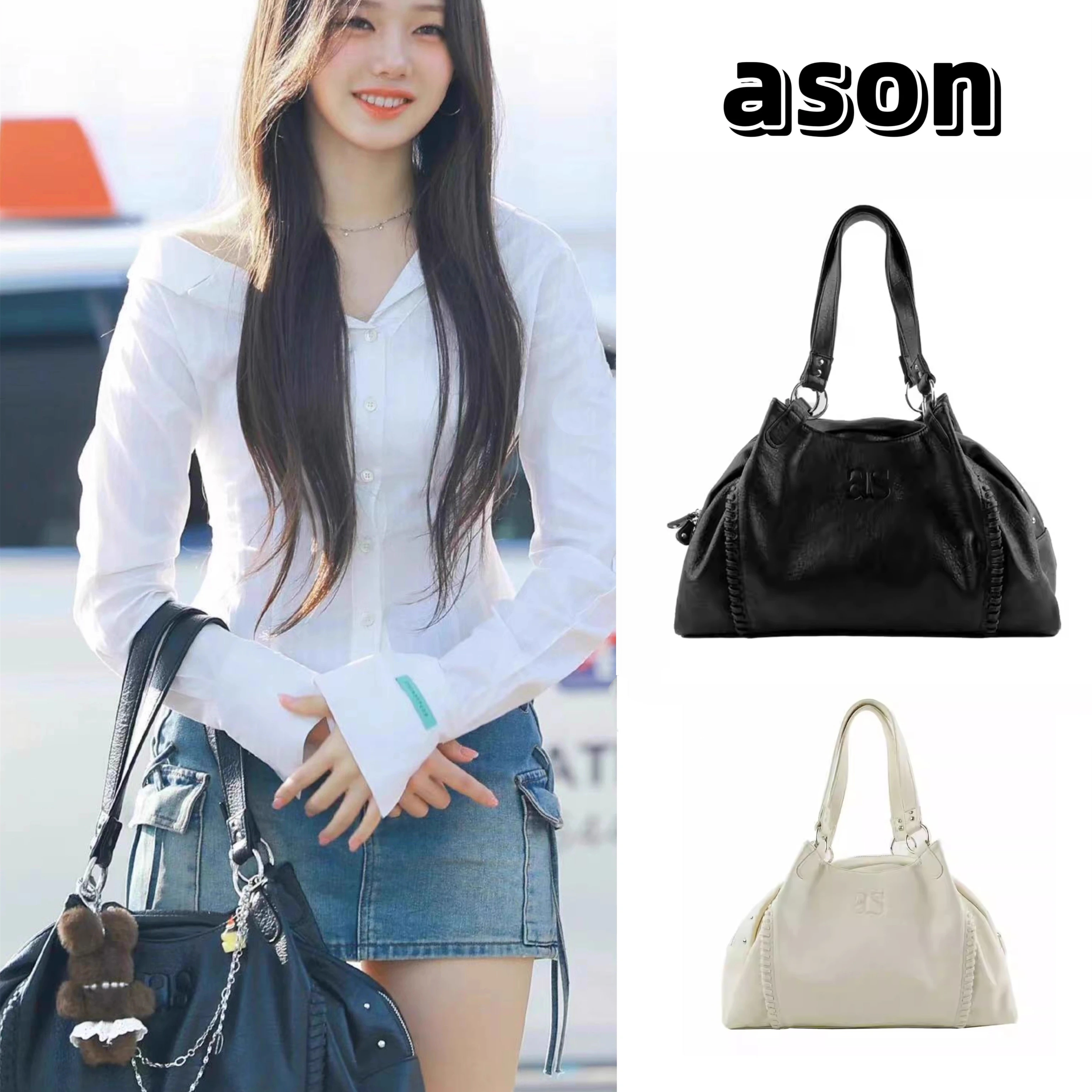 Leather Shoulder Bag Korean niche ASON 24FW leather mini motorcycle single shoulder armpit large capacity handbag