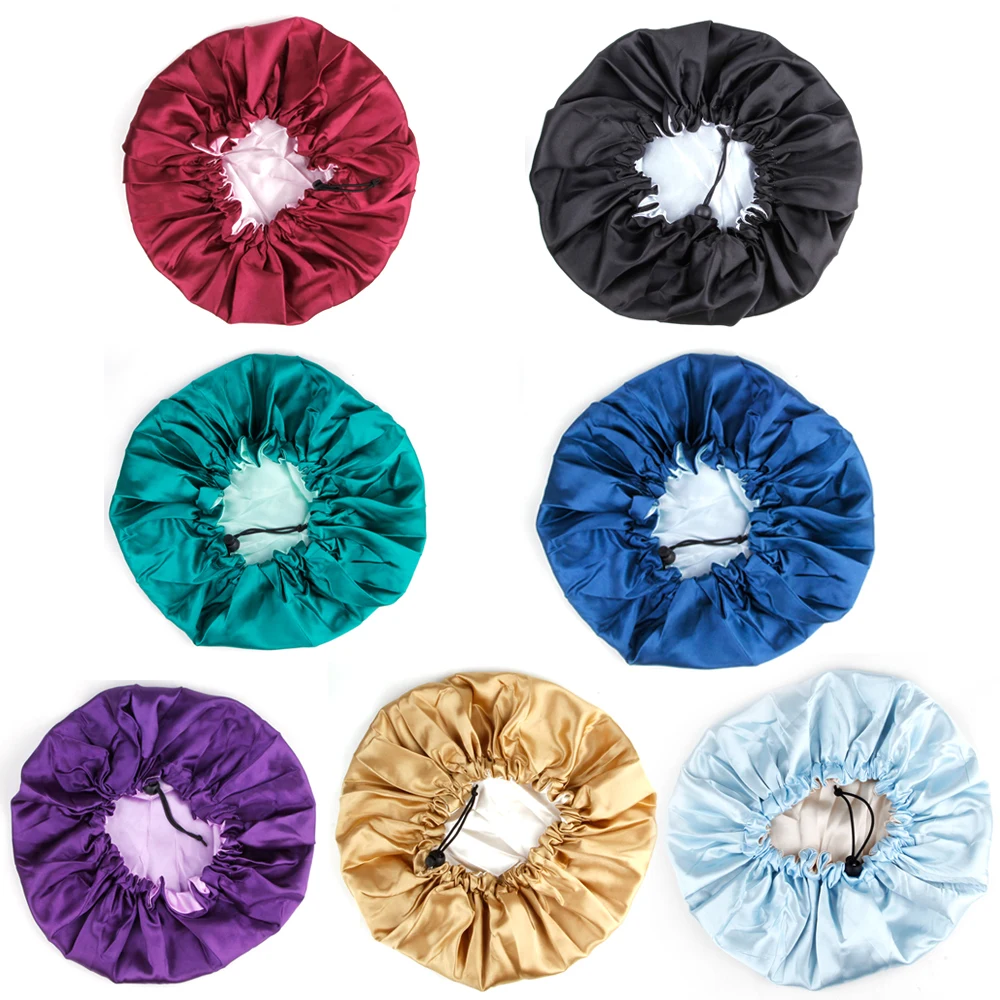 Sleep Satin Hat Curly Reversible Double Layer Layer Satin Night Cap Adjusting Button Silky Bonnet Women Hair Heating Cap Tool 6