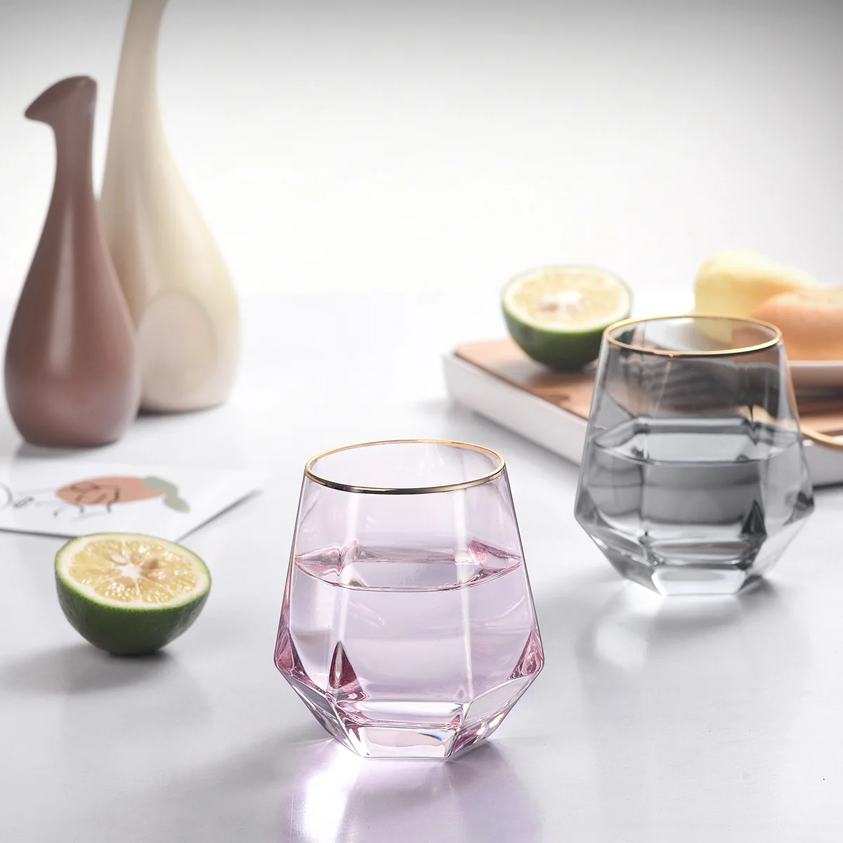 Diamond Shape Whiskey Glass Cup, Tumblers Water Glasses, Tumbler Cups with Gold Rim, Nordic Style, Factory , 280ml, 1 P