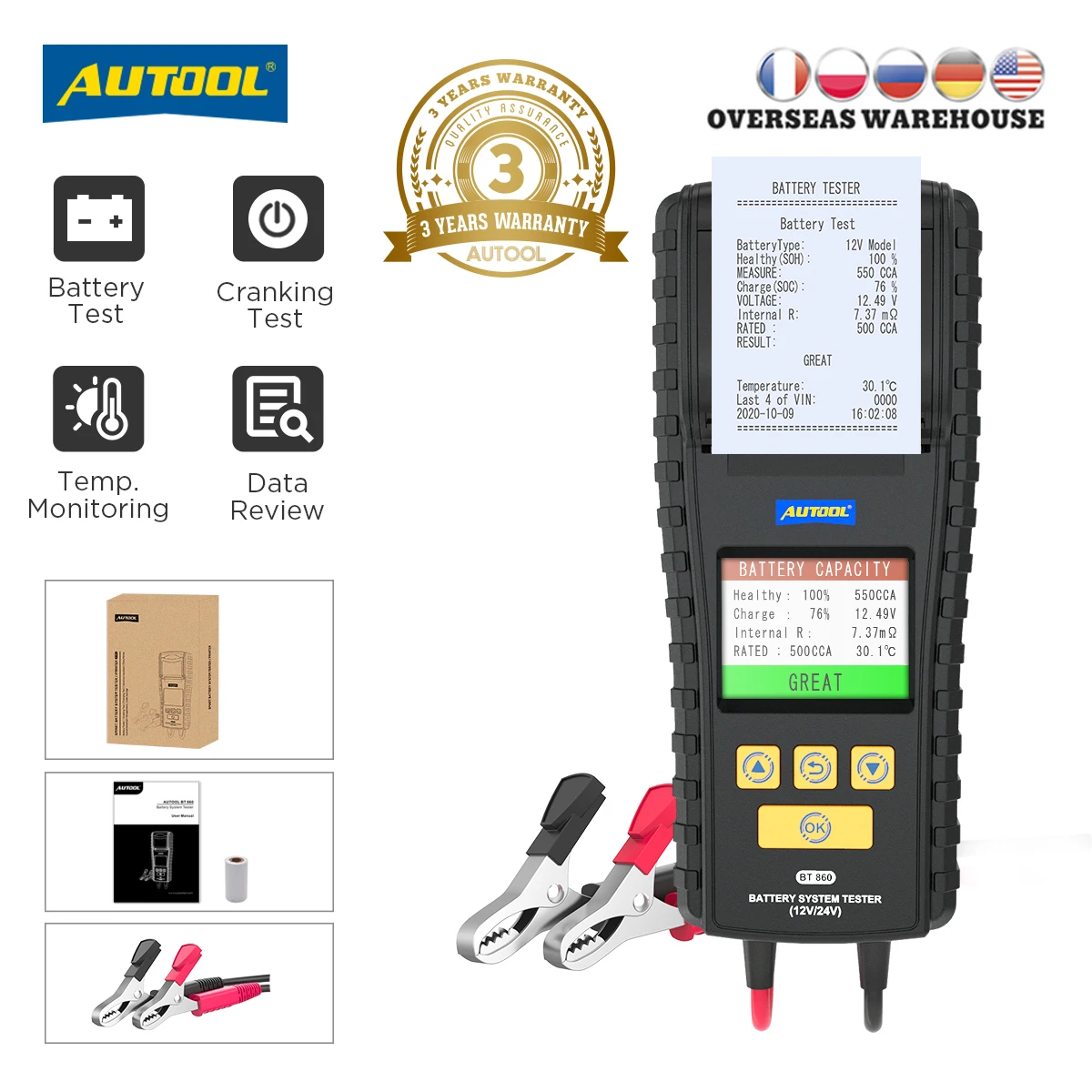 

AUTOOL BT860 12 24V Car Battery Tester Truck Cranking Charging Test with Printer Real Time Data Storage 3.2inch Color Screen