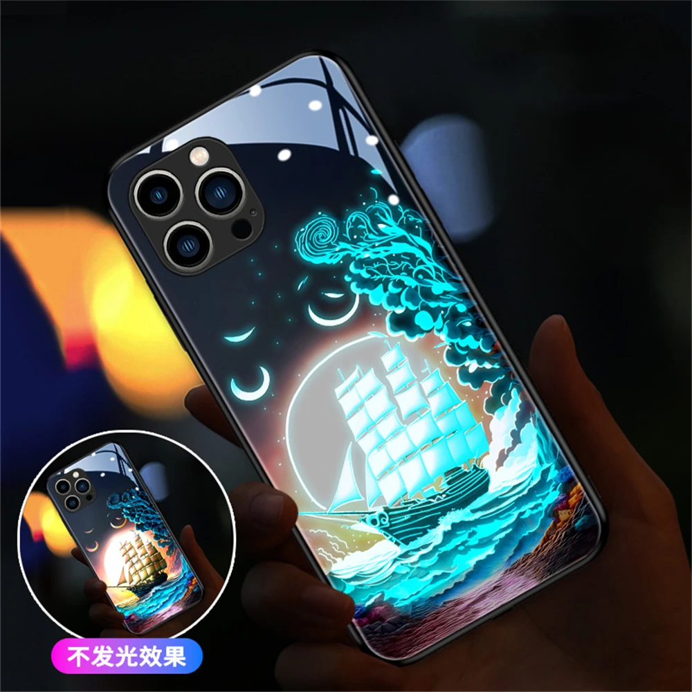 

Sailboat Colorful LED Light Glow Luminous Tempered Glass Phone Case For Samsung S23 S22 S21 S20 FE Note 10 20 Plus Ultra A54