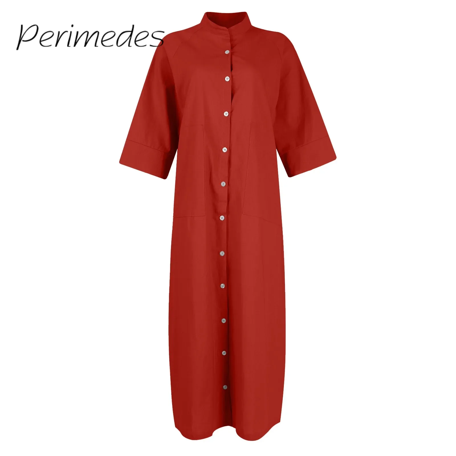 

Women'S Loose Dress 2024 Casual Vintage Solid Color Medium Sleeved Dress Cotton Linen Button Shirt Dress Autumn Fahion Vestidos