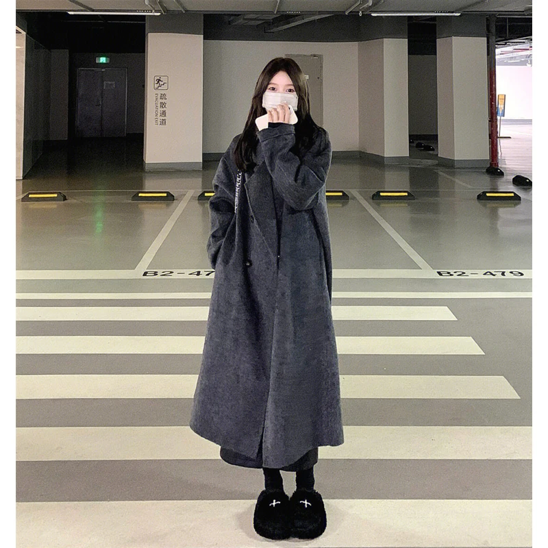 

Autumn and Winter New Woolen Coat Thickened Large Korean Version Woolen Coat Women's Coat Loose Medium Long Women's Dress