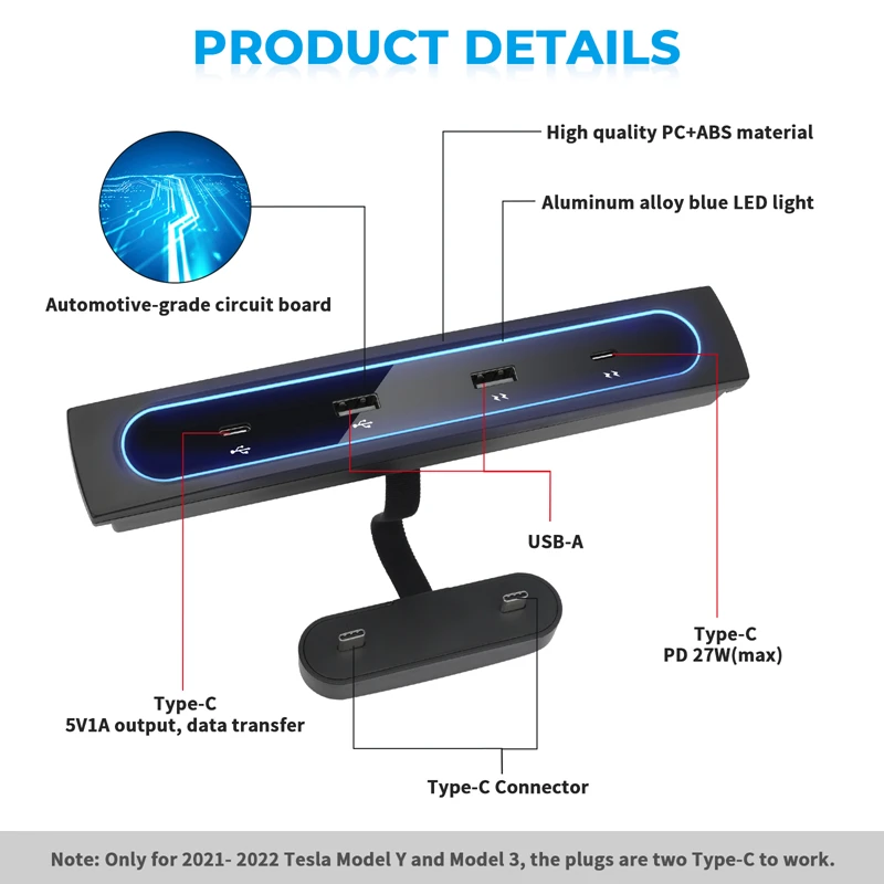 Tesla Model 3 Y 2021 2022 27W 빠른 충전기 USB 션트 허브 지능형 도킹 스테이션 차량용 어댑터 전원 분배기 확장