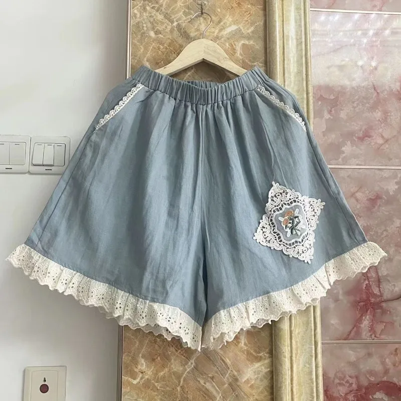 Women's Summer Casual Retro Embroidery Spliced Lace Pockets Cotton Linen Loose Wide Leg Pants Elastic High-waisted Thin Shorts