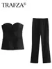 TRAFZA Women Elegant Solid Pant Suit Front Button Strapless Sexy Tank Tops + Side Slit Trouser Female Fashion Streetwear Sets 5