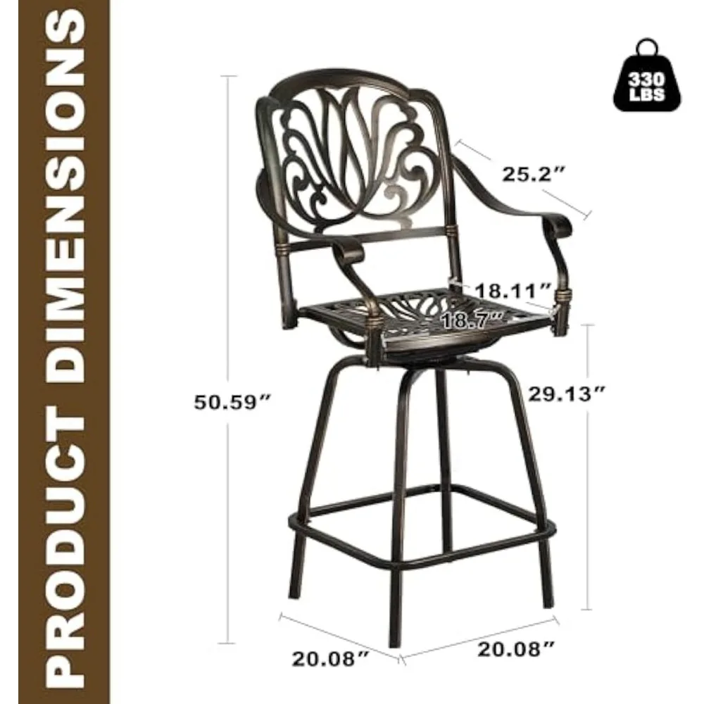 Outdoor Cast Aluminum Swivel Bar Stools Set of 2, Patio Height Bartools Chairs, 2 Piece Patio High Dining Bistro Chairs 3