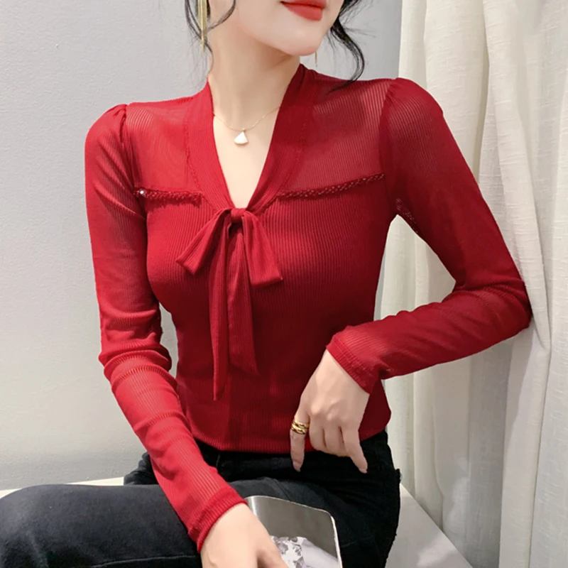 

New 2023 Autumn Long Sleeved V-Neck Solid Color Hot Diamond Mesh Tops Elegant Slim Patchwork High Strecth Women's T-Shirt