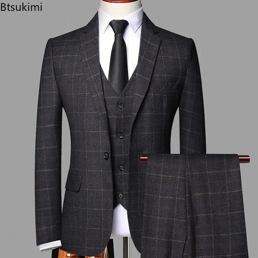New Men's Three-pieces Fashion Plaid Slim Business Party Formal Elegant Blazer Sets (Jacket+Pants+Vest) Prom Wedding Groom