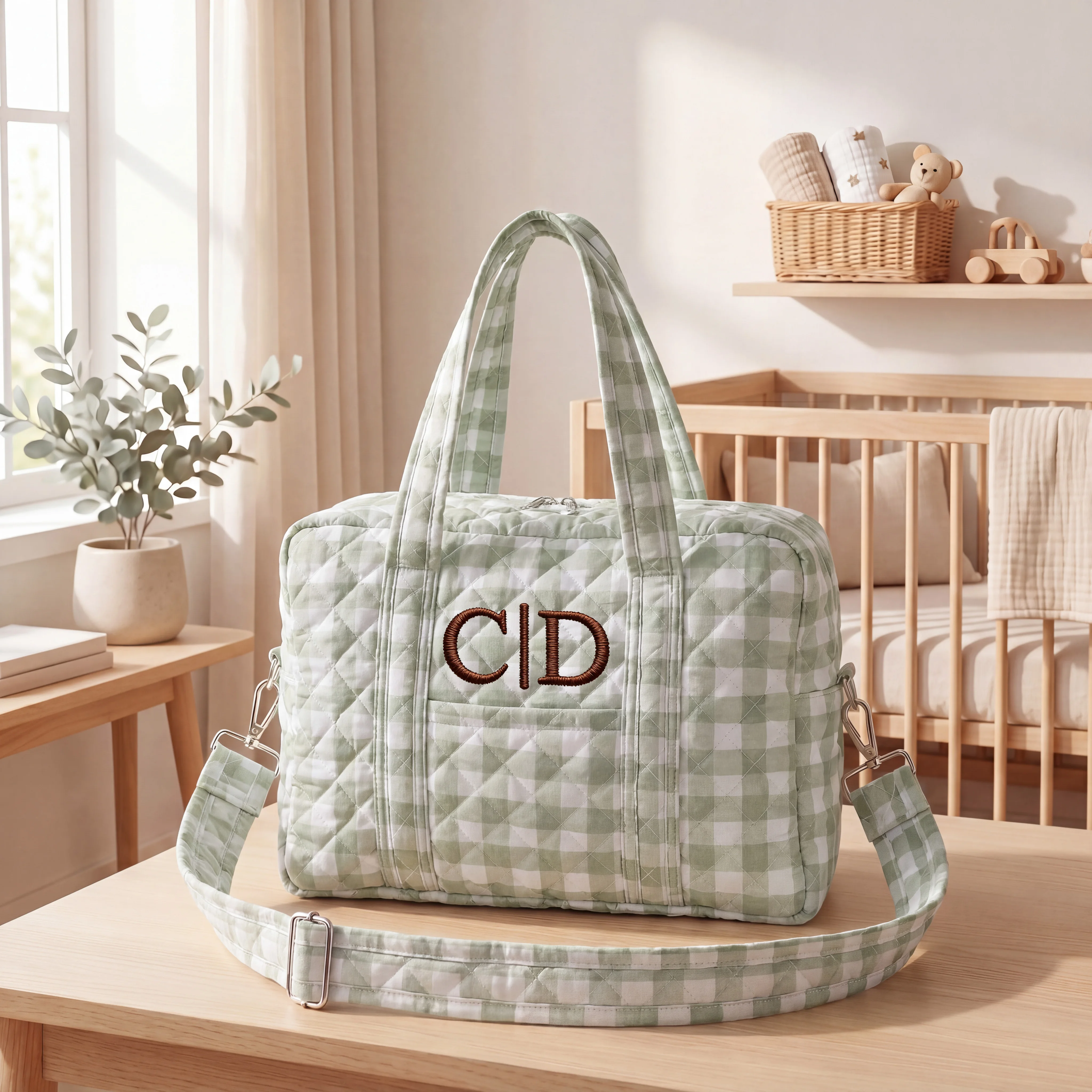1 borsa per pannolini personalizzata con nome ricamato, borsa tote trapuntata floreale per mamma, borsa da viaggio per neonati a grande capacità con tasche multiple - immagine 4