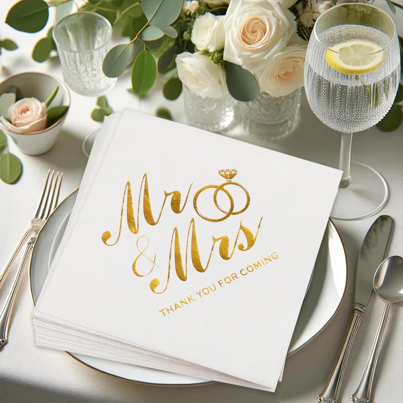 20-100Pcs Mr Mrs Paper Napkins Wedding Table Decoration Bronzing Cocktail Dessert Disposable Napkin Bridal Shower Party Supplies
