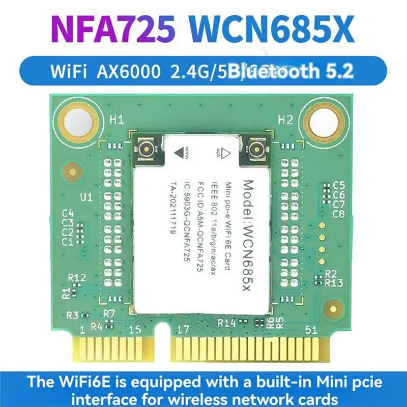 AX6000 WIFI 6E NFA725 NFA765 WCN685 미니 PCIE 무선 와이파이 카드(2.4G 5G 6G 지원, 블루투스 5.2 안테나 포함)