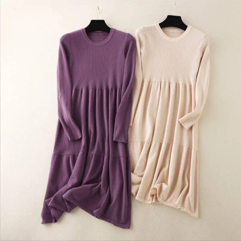 

New Chic Long Knit Maxi Women Sweater Dress Thick Warm Winter Pleated Dress Female Rib O neck Dress A Line Office Lady