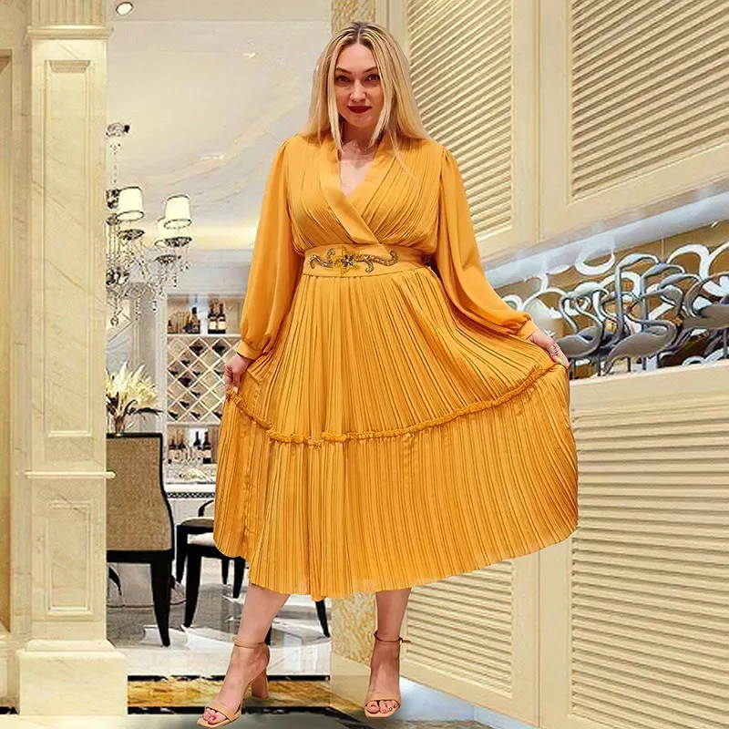 With Belt African Pleated Dresses for Women Summer Elegant African V-neck Long Sleeve Knee-length Dress Dashiki African Dresses