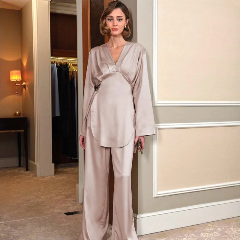 

Женский купальный костюм 2023, пляжная одежда, летнее платье для пижамы с вырезом, свободные шелковые пижамные штаны с длинным рукавом, атласная домашняя одежда