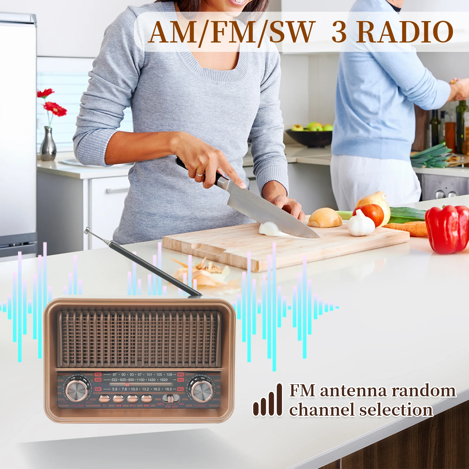 Vintage Wooden Desktop Radio with AM/FM, USB, Rechargeable Battery, and TF Support